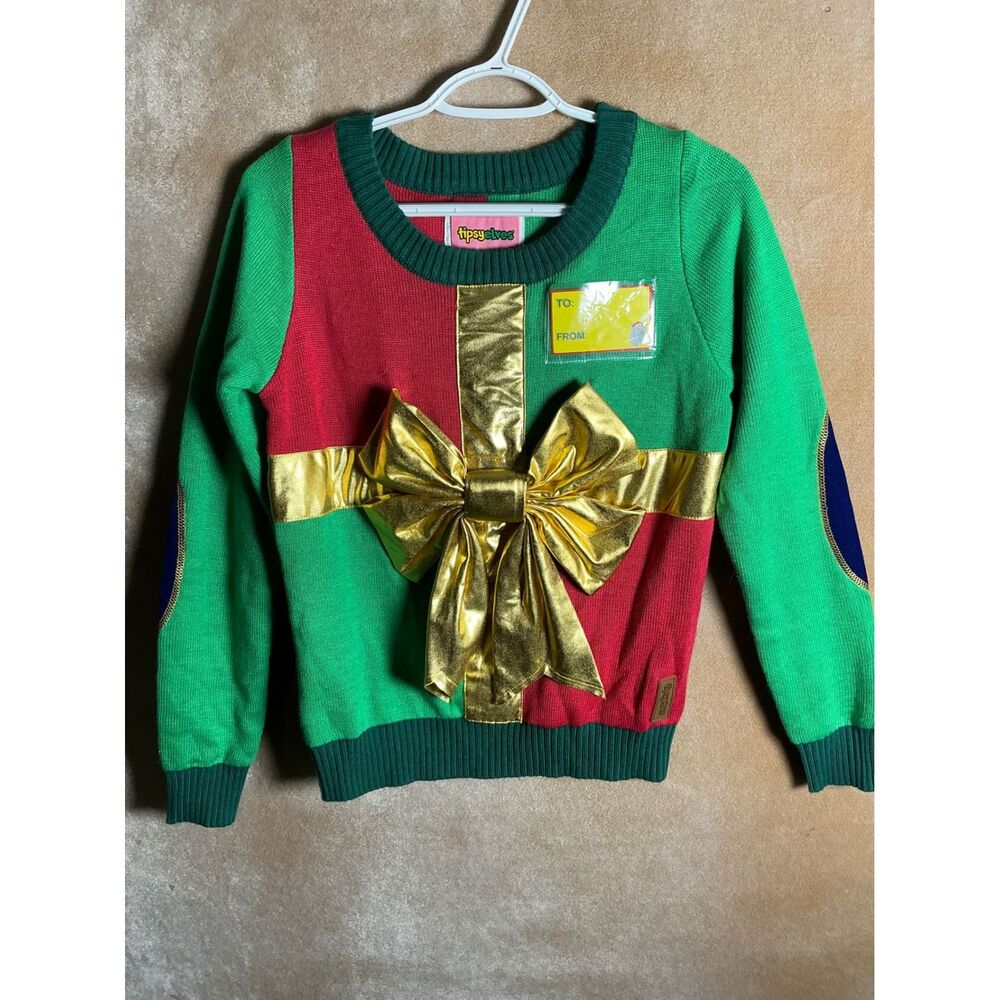 Tipsy Elves Womens Christmas Sweater‎ Gift Present Bow Holiday Green Red Size S